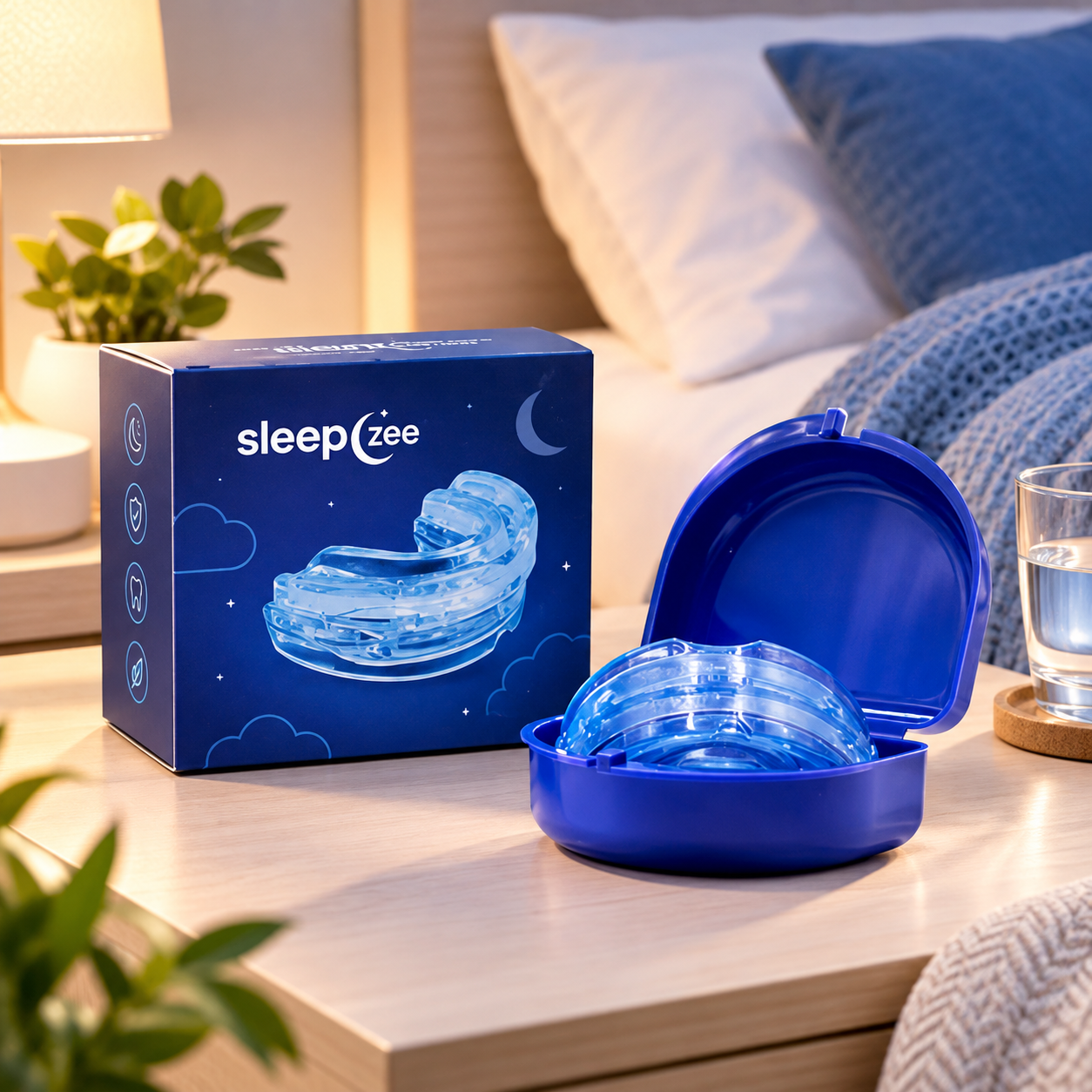 SleepZee box and mouthpiece in its blue case on a bedside table