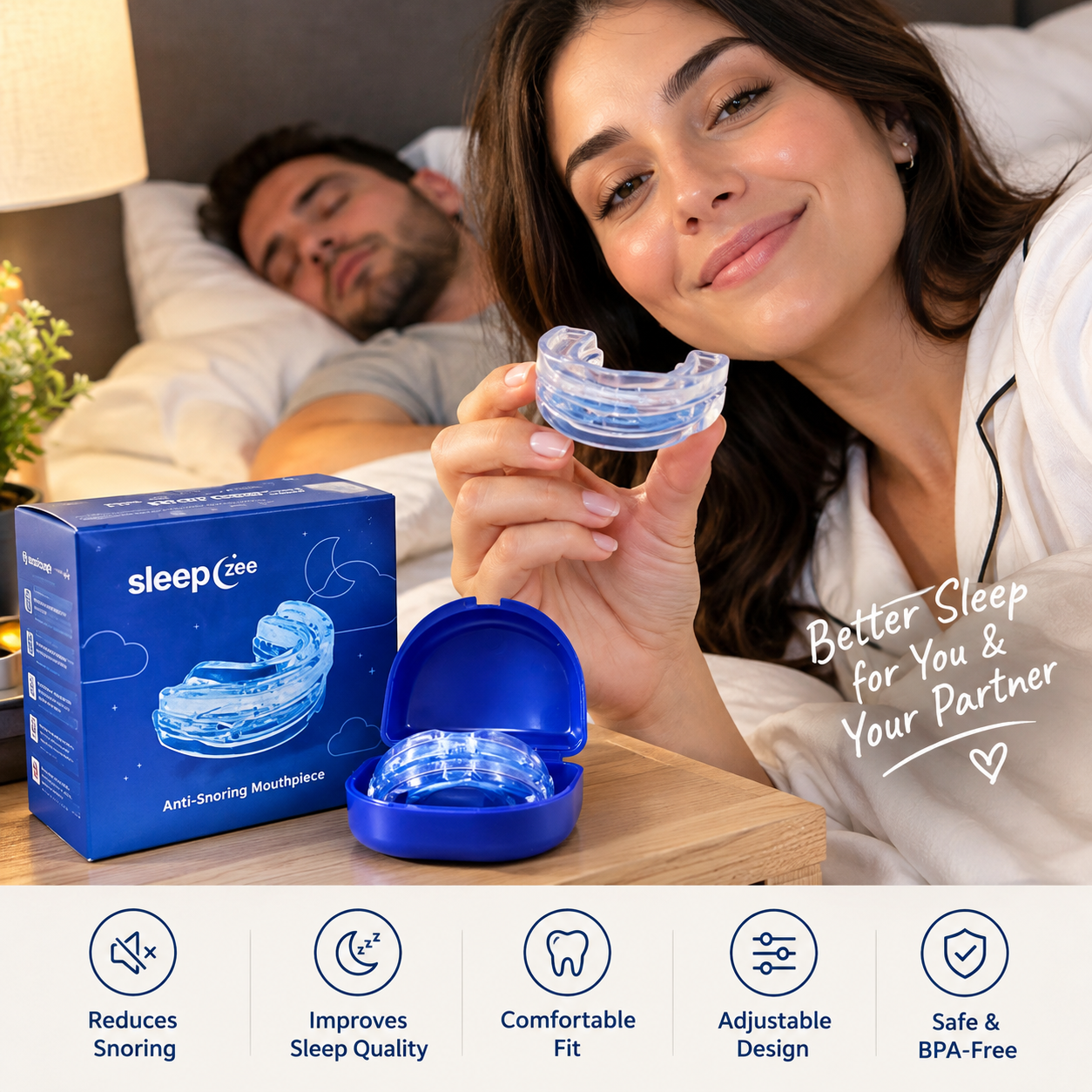 Smiling woman holding SleepZee while her partner sleeps quietly
